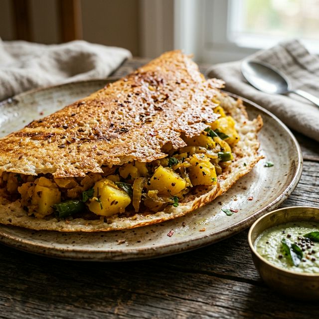Crispy Masala Dosa with Chutney - Homemade South Indian Breakfast