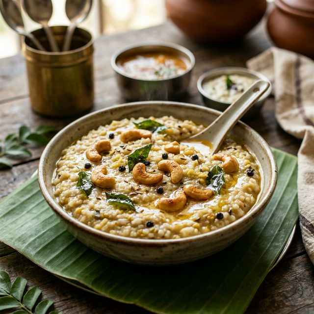 Special Ven Pongal with Ghee and Cashews - Healthy Indian Meal